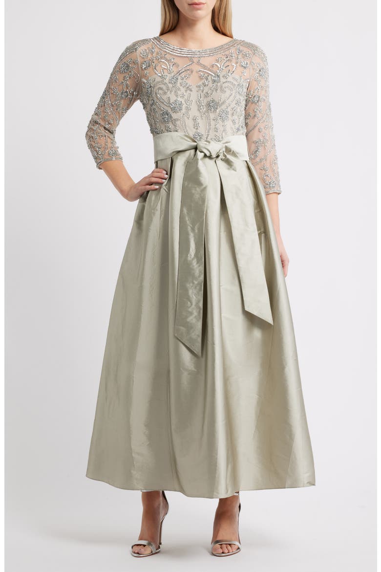 Beaded Illusion Neck Taffeta Cocktail Dress, Main, color, SILVER
