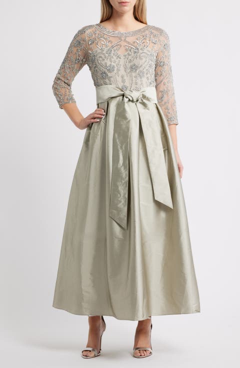 Beaded Illusion Neck Taffeta Cocktail Dress