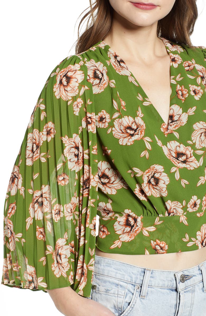ASTR the Label Floral Pleated Sleeve Wrap Blouse, Alternate, color,