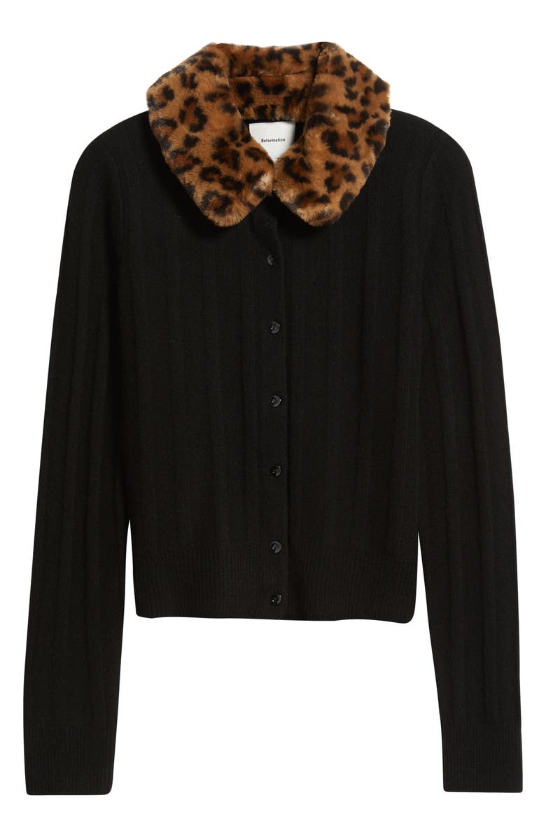 Reformation Hannah Wool Cardigan with Faux Fur Collar, Main, color, Black Leopard