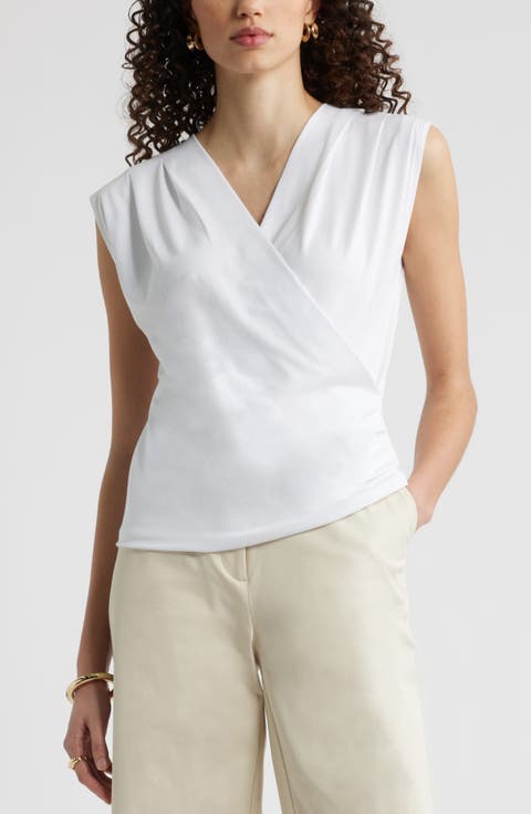Pleated Faux Wrap Cap Sleeve Top