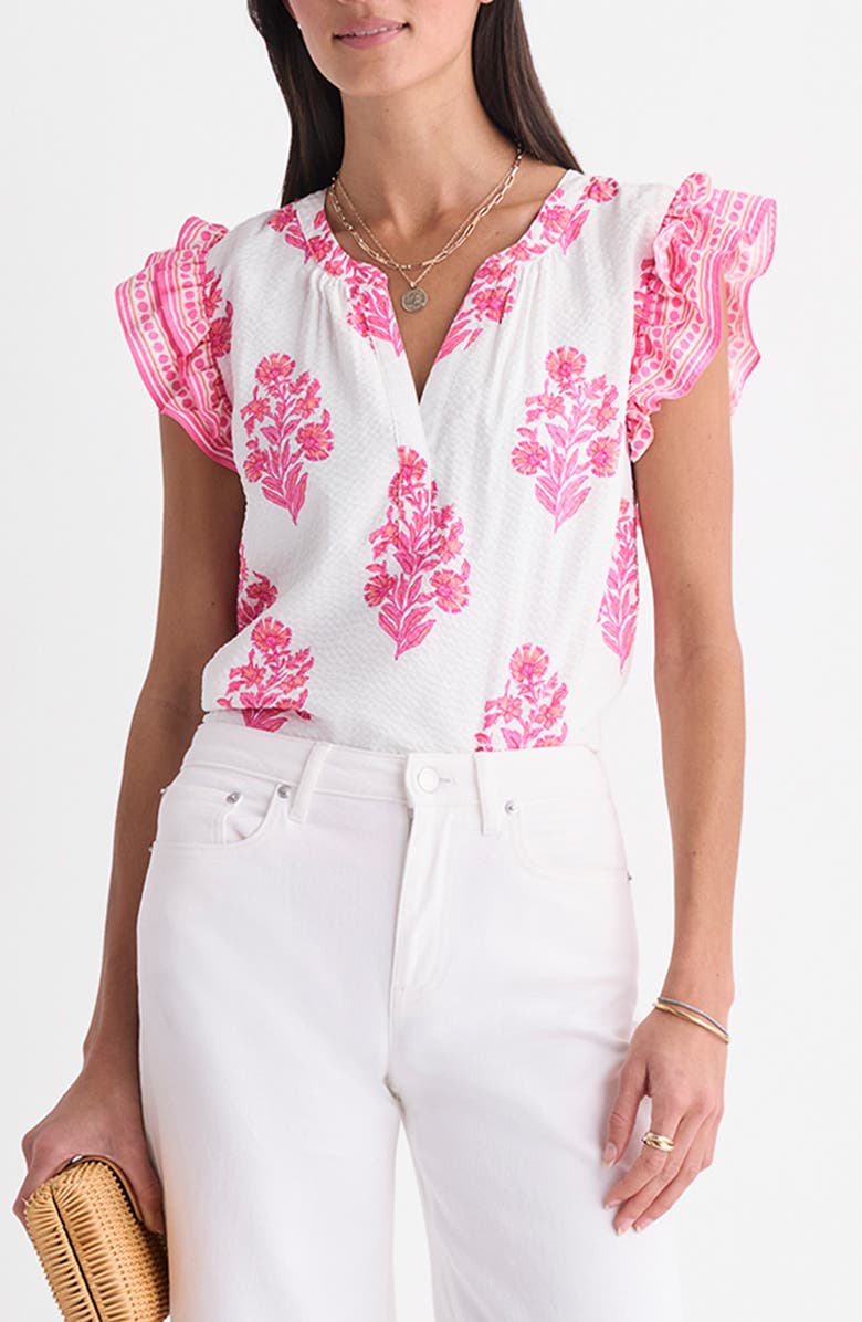 vineyard vines Adare Floral Double Ruffle Sleeve Top, Main, color, Floral White Cap