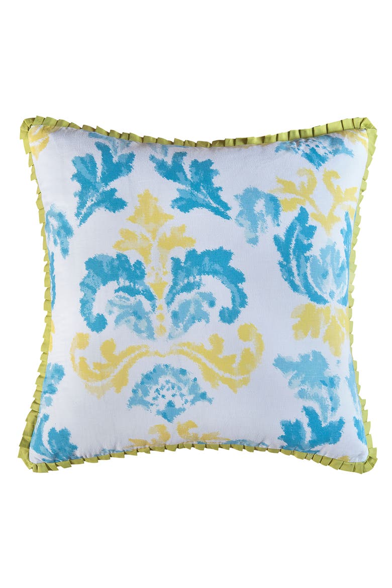 26" x 26" Delilah Blue Yellow Damask Cotton Euro Pillow Sham, Main, color, Blue