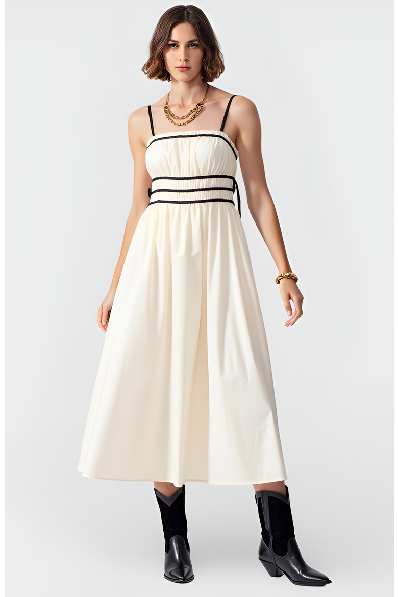 Smocked Waist Midi Dress with Contrast Trim and Spaghetti Straps, Main, color, Ivory / Black