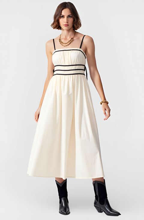Smocked Waist Midi Dress with Contrast Trim and Spaghetti Straps