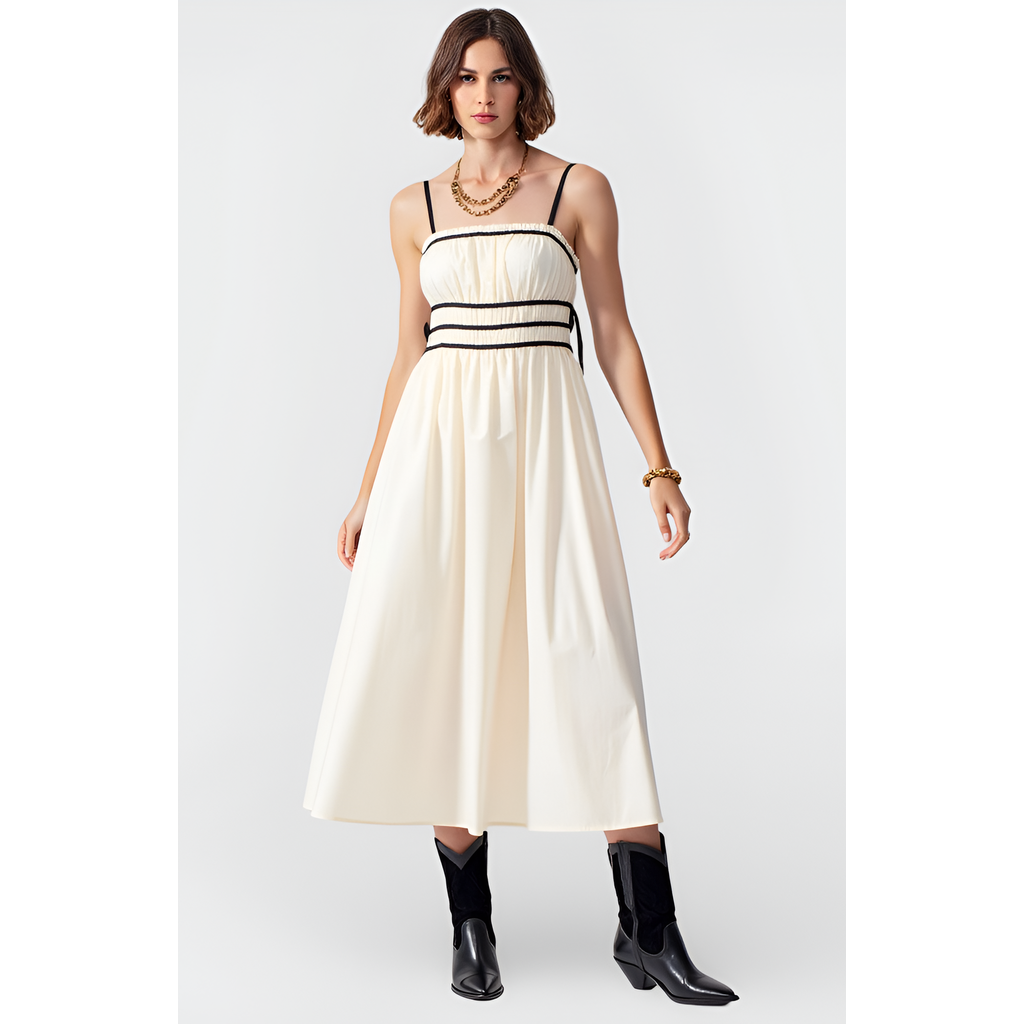 Modenaire Smocked Waist Midi Dress With Contrast Trim And Spaghetti Straps In Multi
