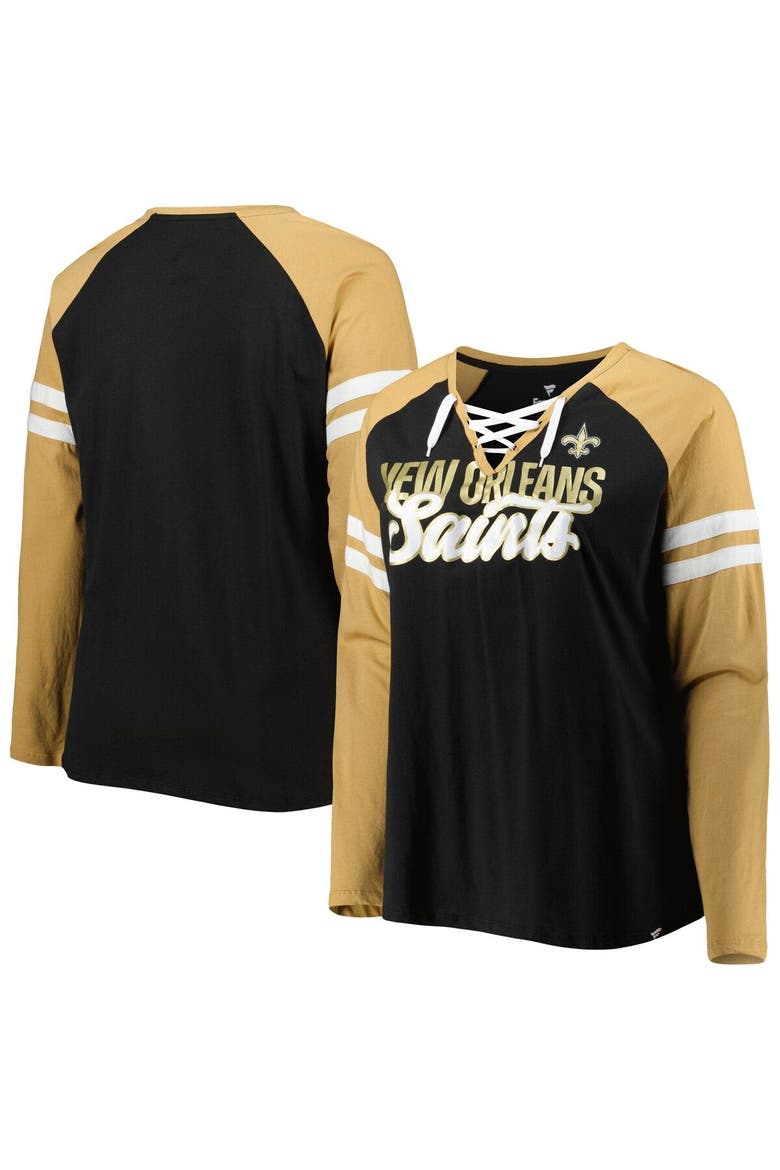 Women's Fanatics Branded Black/Vegas Gold New Orleans Saints Plus Size True to Form Lace-Up V-Neck Raglan Long Sleeve T-Shirt, Main, color, Black