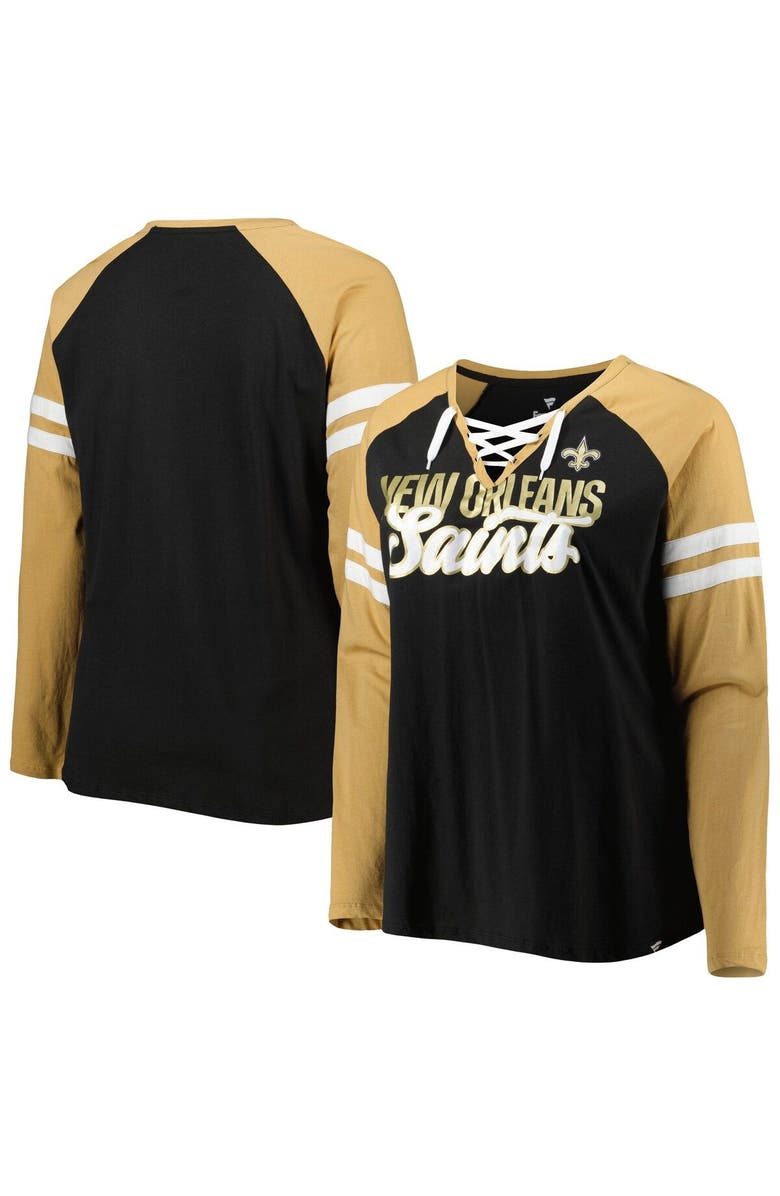 FANATICS Women's Fanatics Branded Black/Vegas Gold New Orleans Saints Plus Size True to Form Lace-Up V-Neck Raglan Long Sleeve T-Shirt, Main, color, 