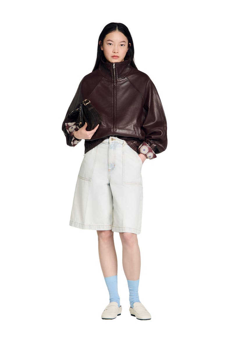 Oversized zip-up leather jacket, Alternate, color, Brown