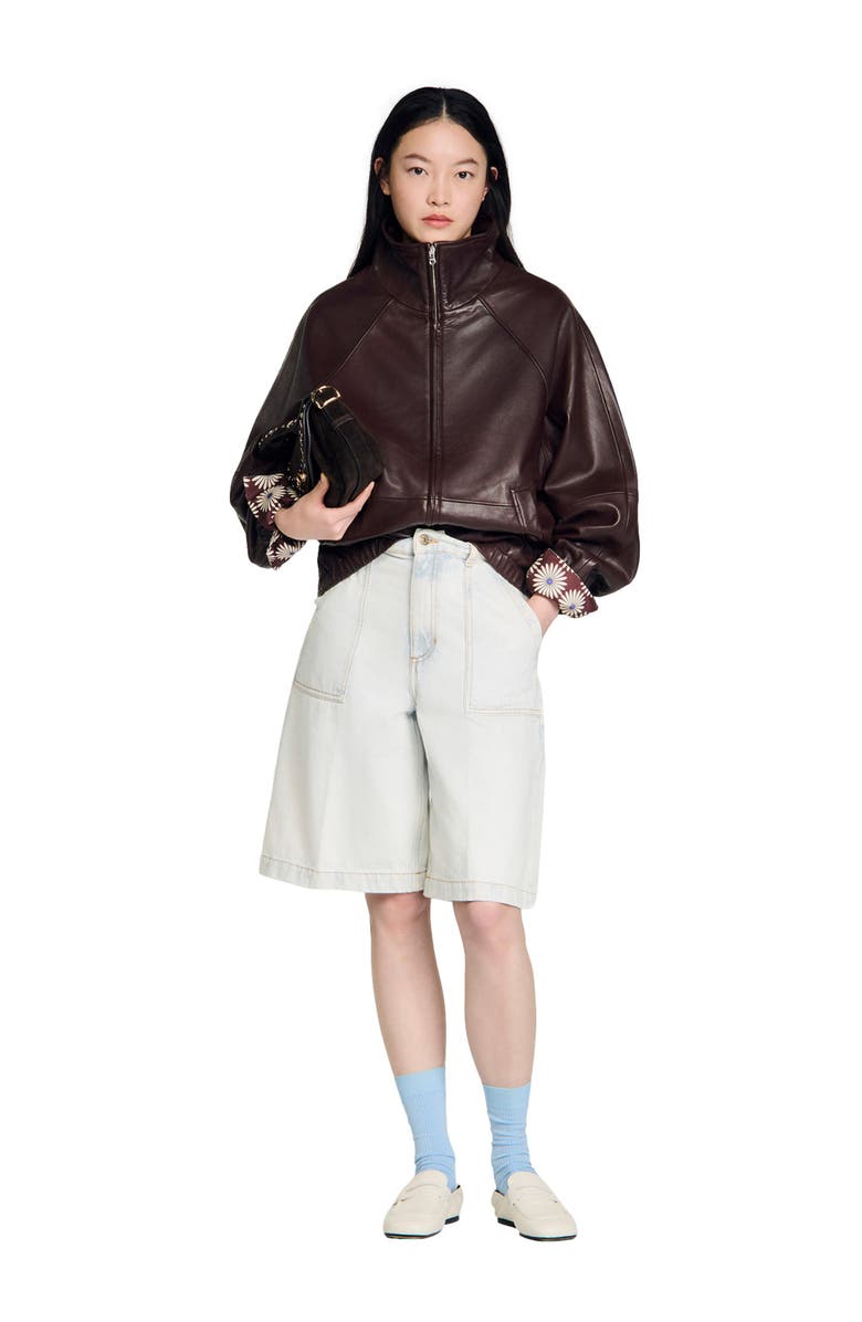 SANDRO Oversized zip-up leather jacket, Alternate, color, Brown