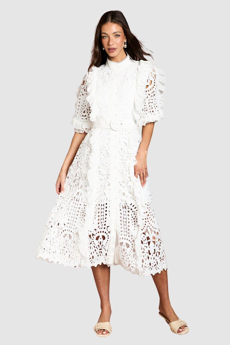 Lace Ruffle Belted Shirt Dress, Main, color, White