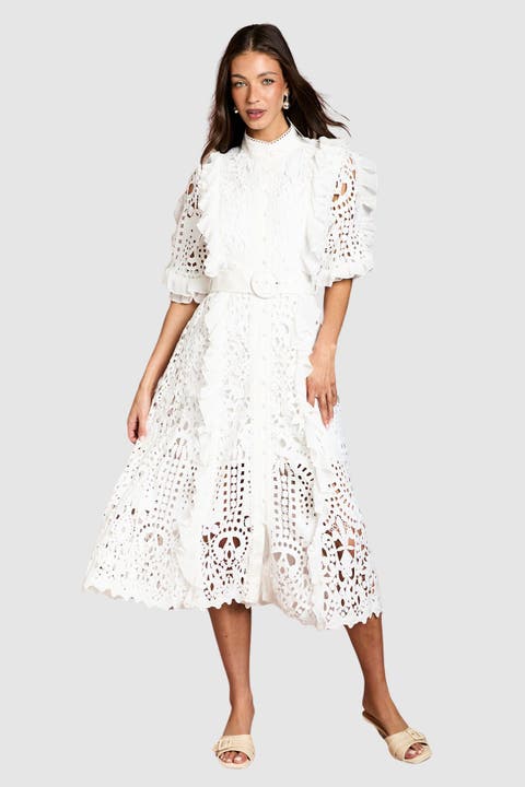 Lace Ruffle Belted Shirt Dress