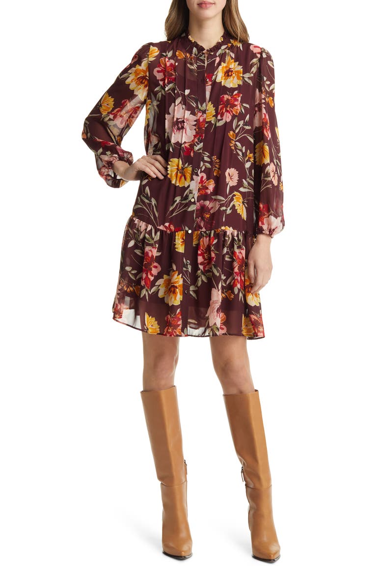 Floral Pleated Long Sleeve Dress, Main, color, BROWN MULTI