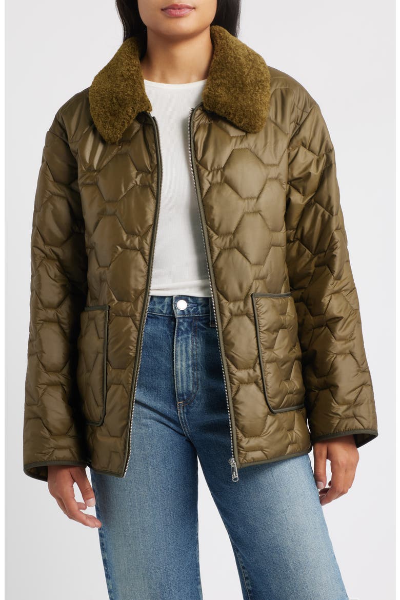 Wide Hexagon Quilted Coat with Removable Faux Fur Collar, Main, color, LODEN