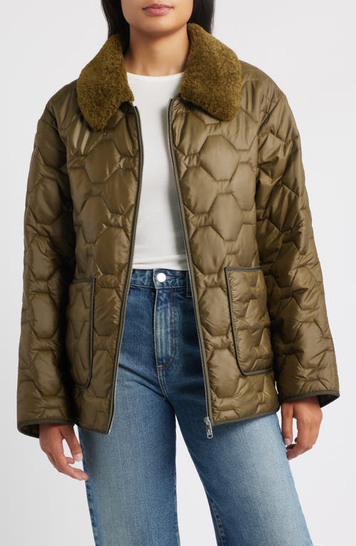 Sam Edelman Wide Hexagon Quilted Coat With Removable Faux Fur Collar In Green