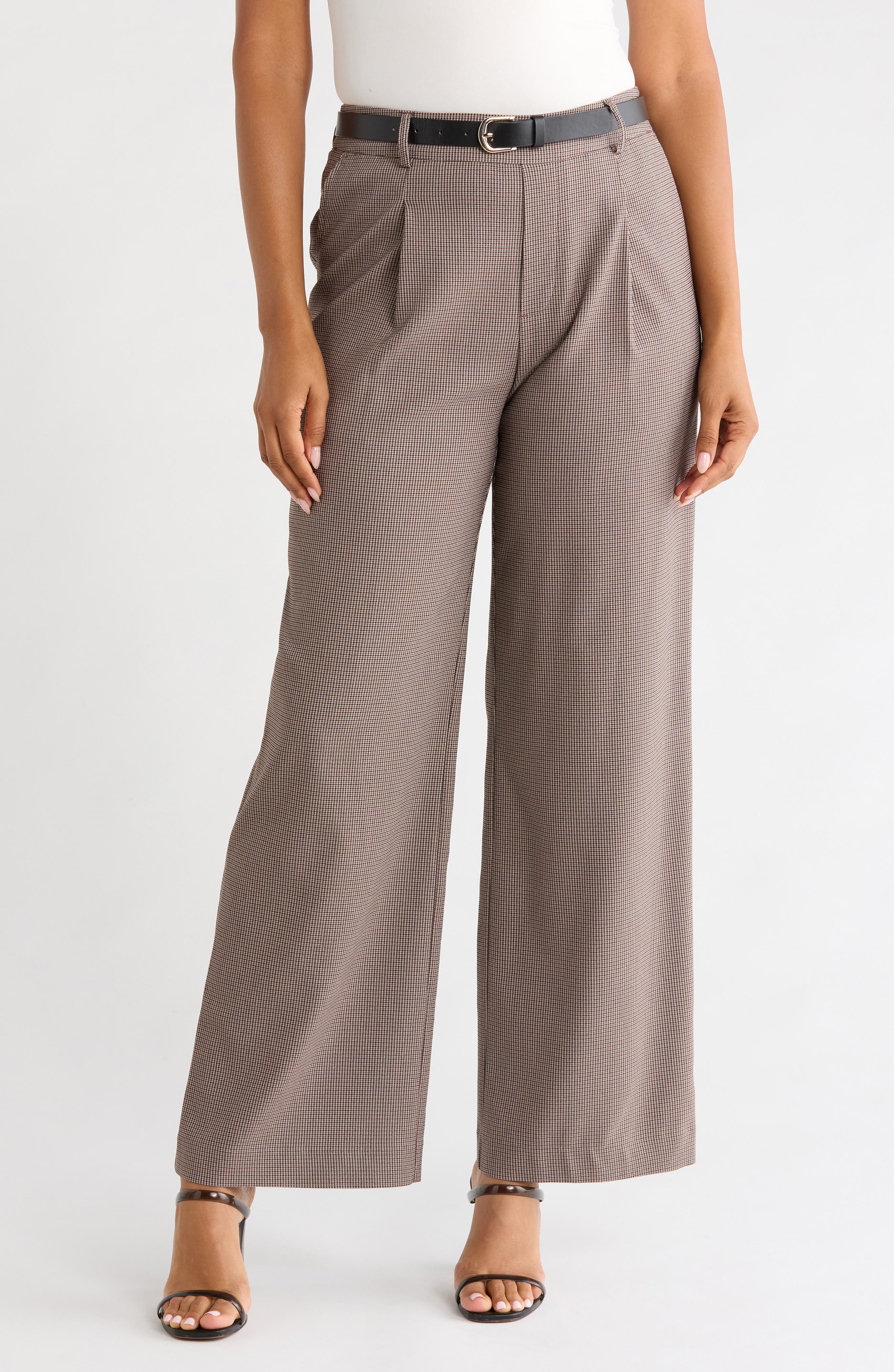 Houndstooth Belted Wide Leg Pants