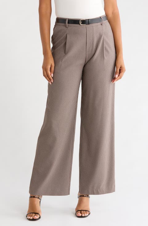 Houndstooth Belted Wide Leg Pants