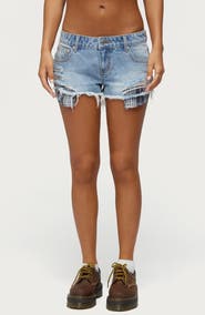 EDIKTED Catrine Low Rise Plaid Pocket Denim Cutoff Shorts