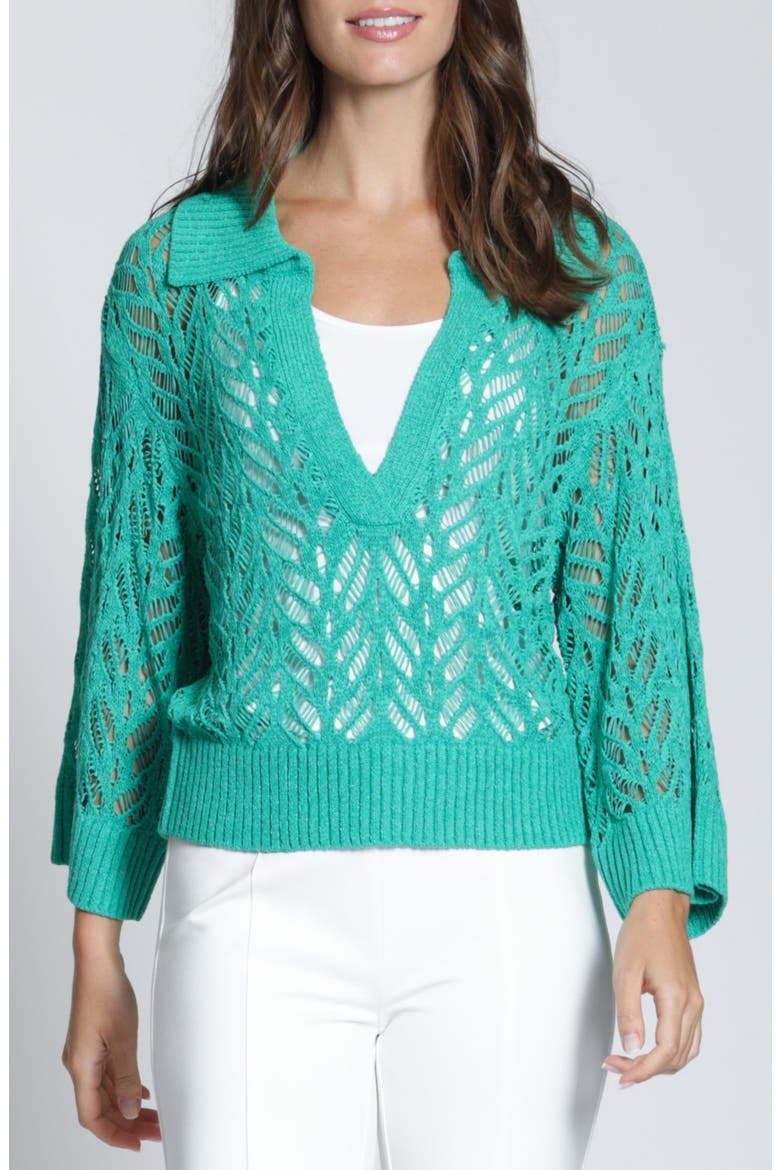 Leafy Open Knit Polo Sweater, Main, color, EMERALD