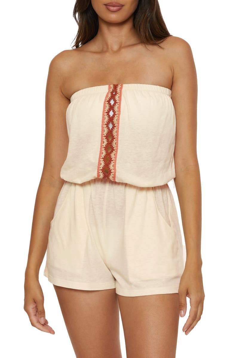 Lucky Brand Malaga Crochet Trim Strapless Cover-Up Romper, Main, color, 