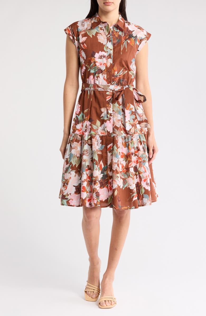 Calvin Klein Floral Cap Sleeve Cotton Shirtdress, Main, color,
