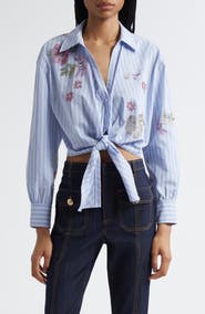 Cinq à Sept Hannah Stripe Embellished Tie Hem Shirt