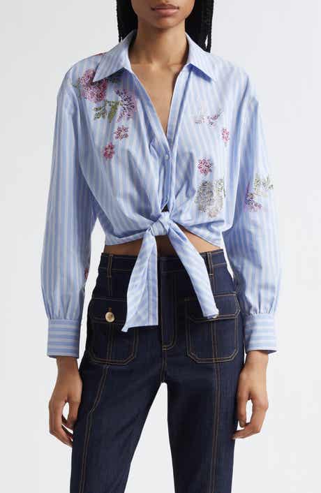 Cinq à Sept Hannah Stripe Embellished Tie Hem Shirt