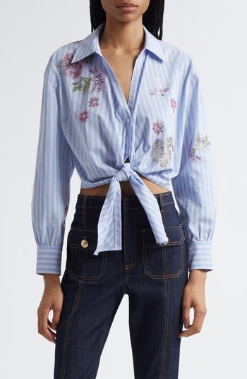 Cinq À Sept Hannah Stripe Embellished Tie Hem Shirt In Blue