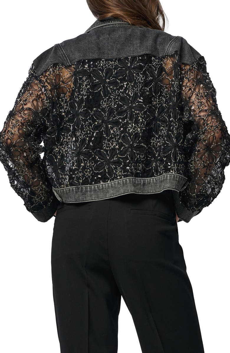 SAACHI Lace Trim Denim Trucker Jacket, Alternate, color, Black