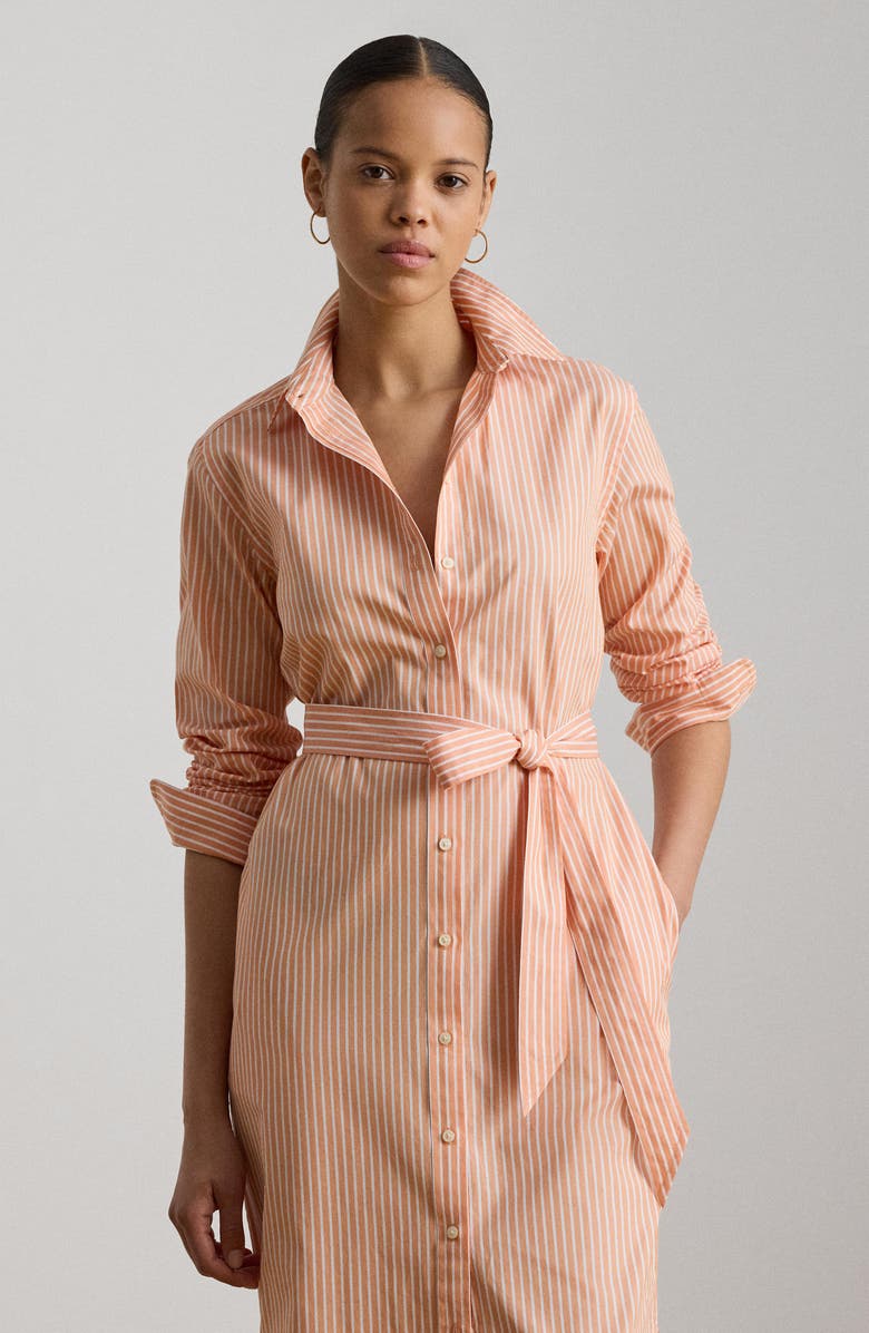 Lauren Ralph Lauren Stripe Long Sleeve Midi Shirtdress, Alternate, color, Orange/ White