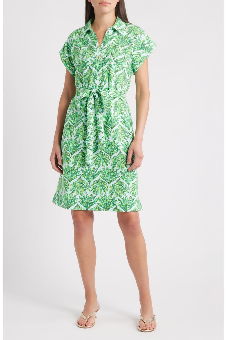 Emersyn Stretch Cotton Blend Belted Shirtdress, Main, color, GREEN CROSS GRAIN SHADY BABE