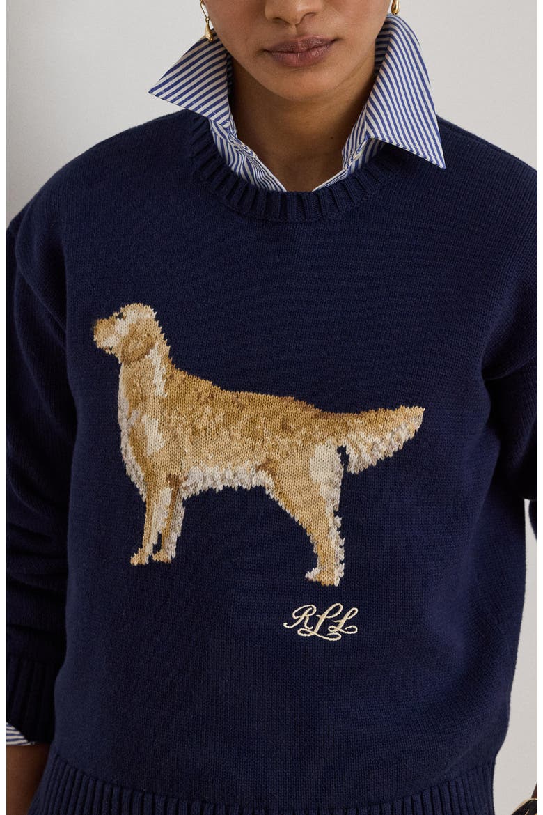 Golden Retriever Intarsia Cotton Sweater, Alternate, color, REFINED NAVY BLUE/ MULTI