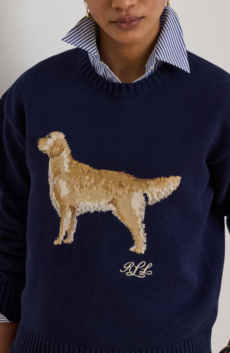 Lauren Ralph Lauren Golden Retriever Intarsia Cotton Sweater, Alternate, color, Refined Navy Blue/ Multi