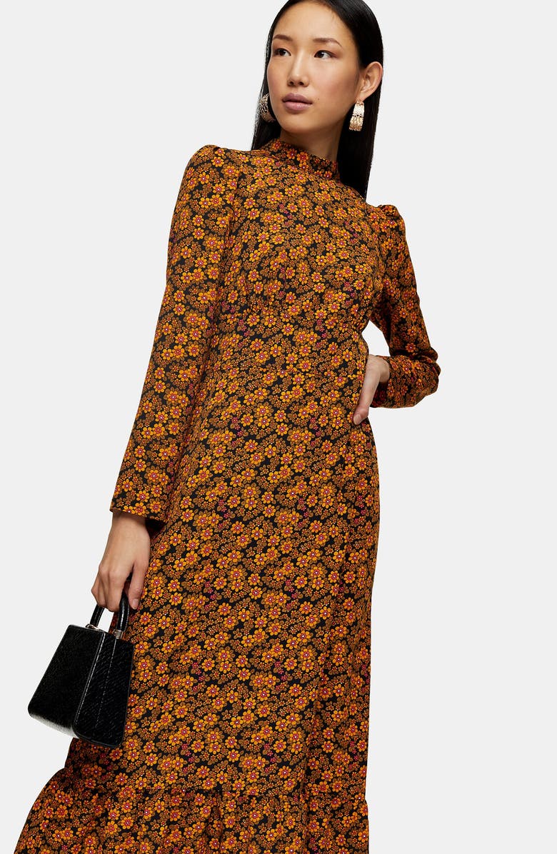 Topshop Archive Floral Print Long Sleeve Midi Dress, Alternate, color,
