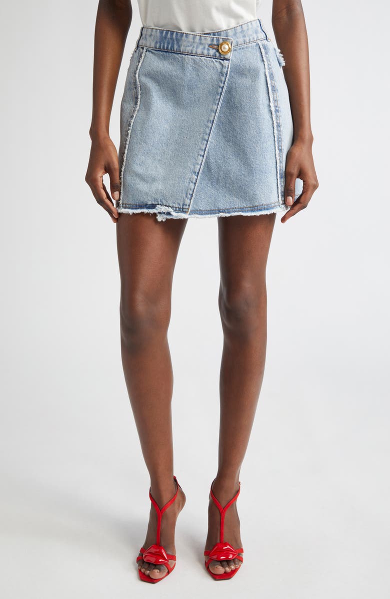 Balmain Asymmetric Raw Hem Denim Miniskirt, Main, color, Light Blue