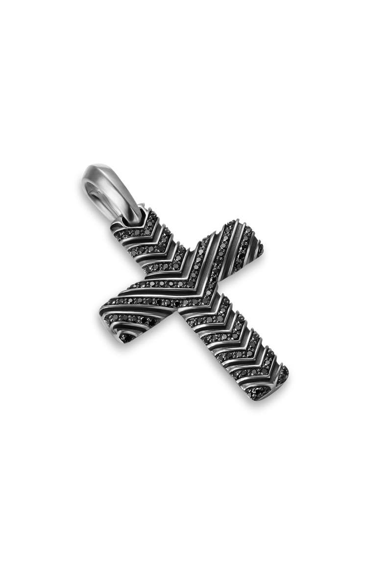 Men's Chevron Cross Pendant in Sterling Silver with Black Diamonds, 36mm, Alternate, color, SILVER PAVE