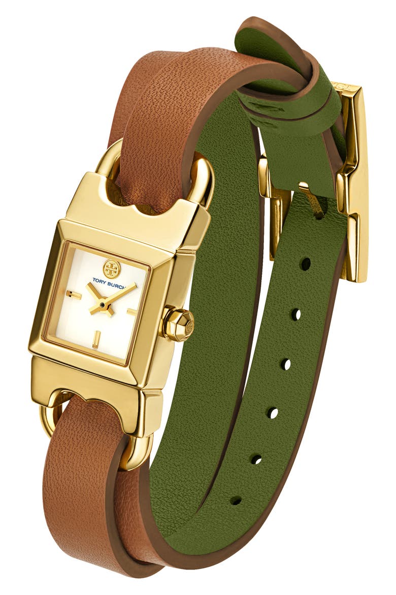 Double T Link Reversible Leather Strap Wrap Watch, 18mm, Alternate, color, LUGGAGE/ GOLD/ GREEN