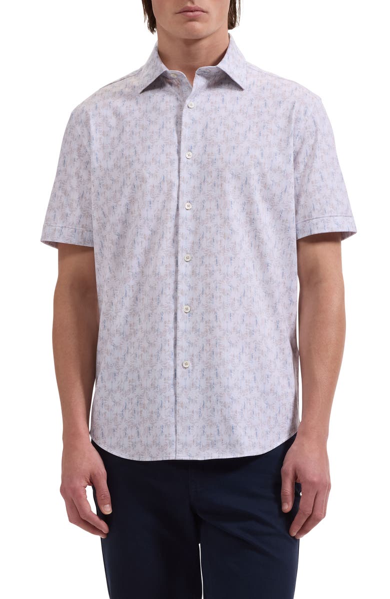 Bugatchi Miles OoohCotton<sup>®</sup> Sketched Guitar Print Short Sleeve Button-Up Shirt, Main, color, Sand