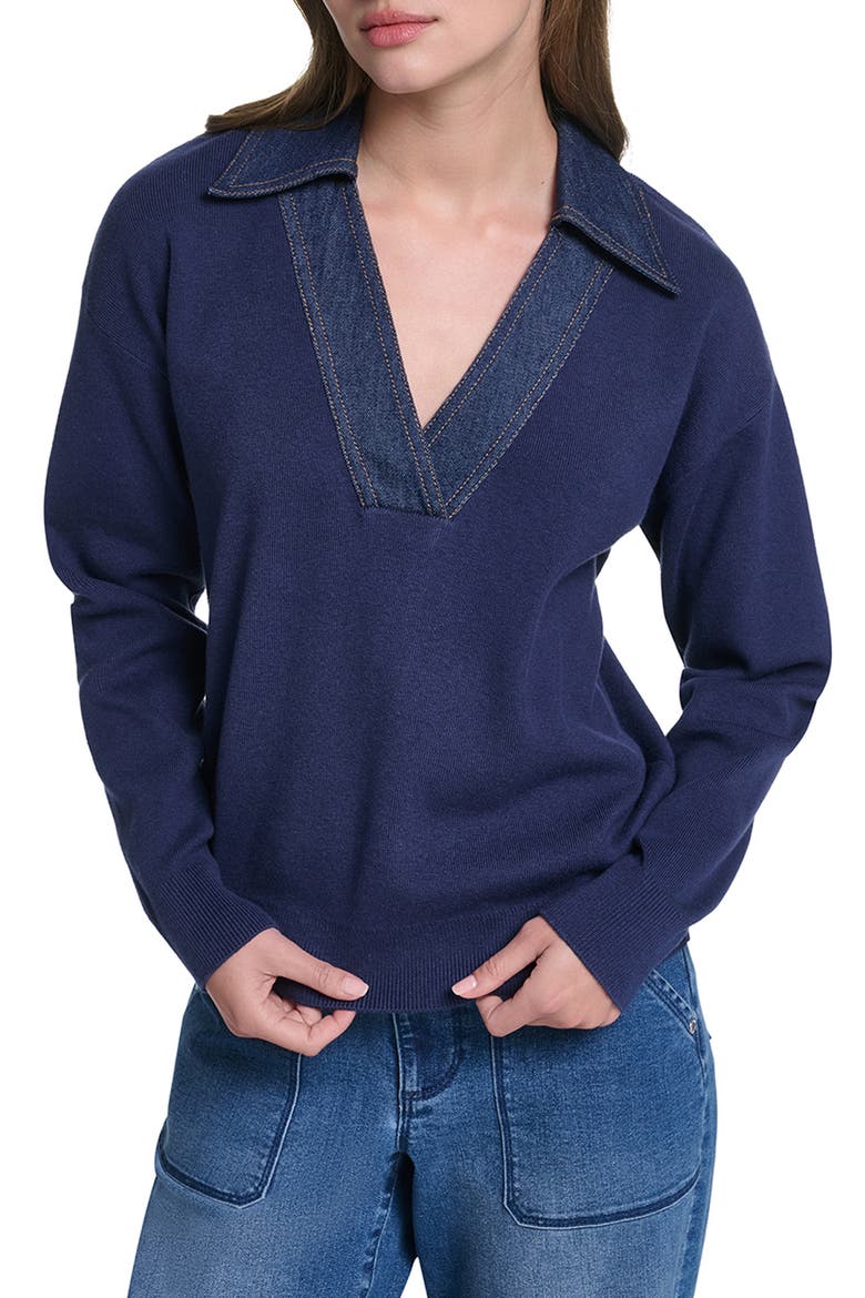 Denim Collar V-Neck Sweater, Main, color, NAVAL ACADEMY