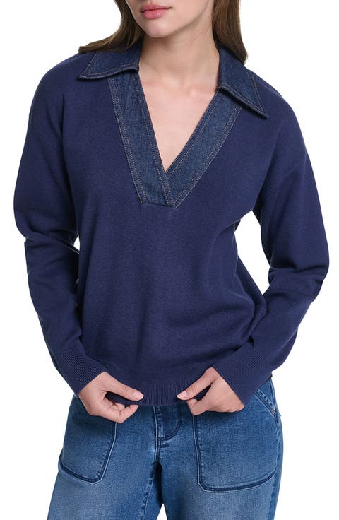 Denim Collar V-Neck Sweater