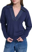 KARL LAGERFELD PARIS Denim Collar V-Neck Sweater
