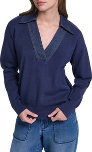 KARL LAGERFELD PARIS Denim Collar V-Neck Sweater