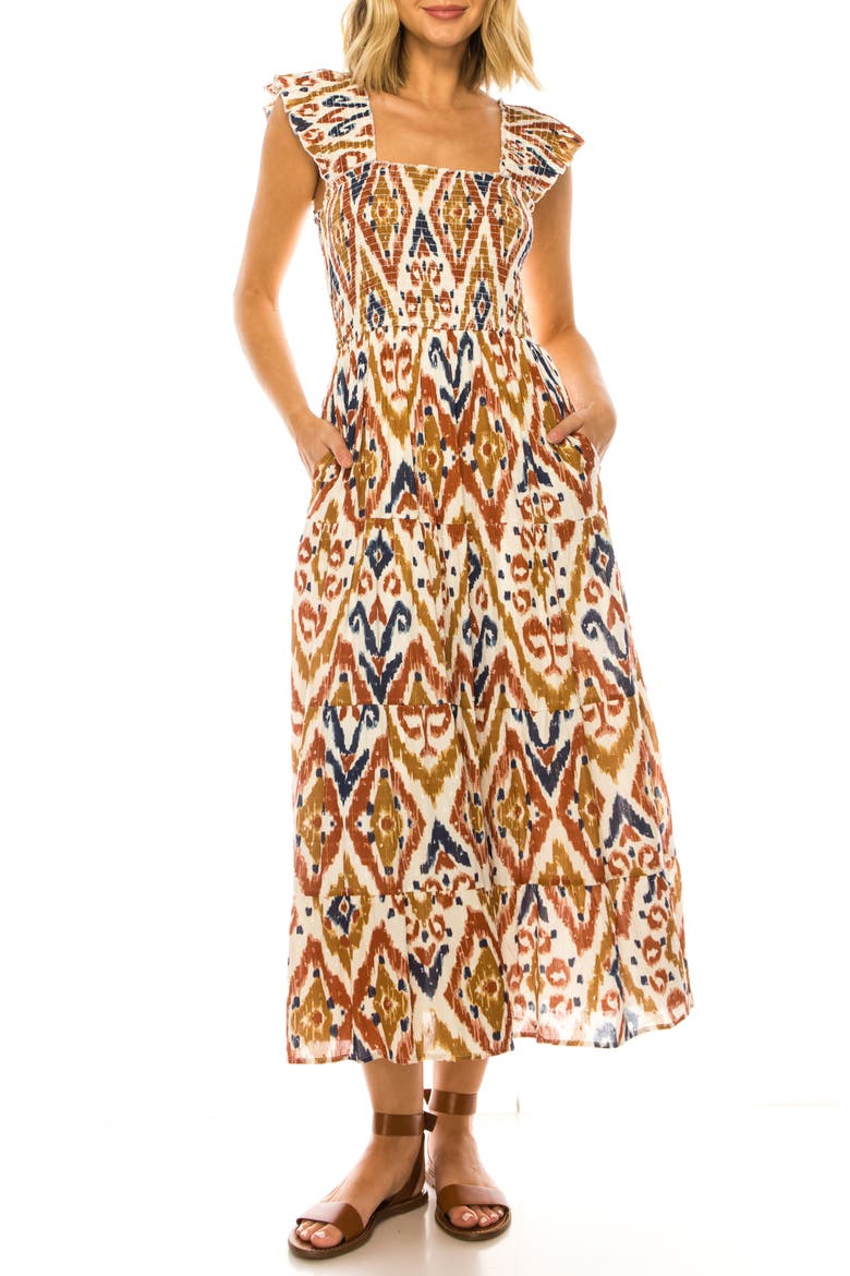 Ikat Print Midi Dress, Main, color, SNOW WHITE