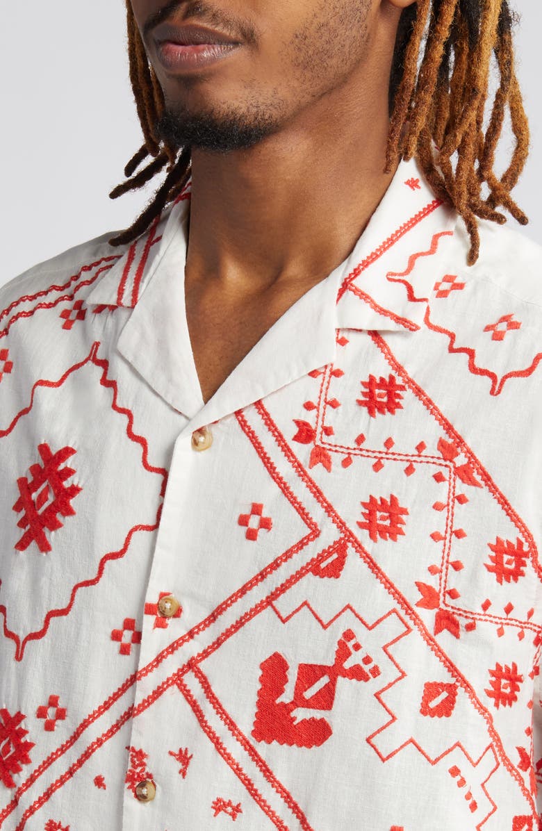 ASOS DESIGN Relaxed Fit Embroidered Cotton & Linen Camp Shirt, Alternate, color, 
