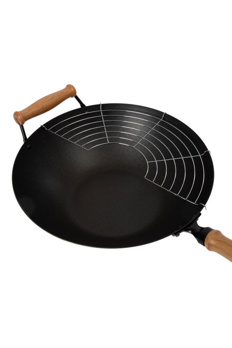 Carbon Steel Ceramic Nonstick Flat Bottom Wok Set with Lid and Maple Handles, 10 Pieces, Alternate, color, Black