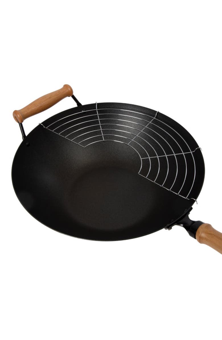JOYCE CHEN Carbon Steel Ceramic Nonstick Flat Bottom Wok Set with Lid and Maple Handles, 10 Pieces, Alternate, color, Black