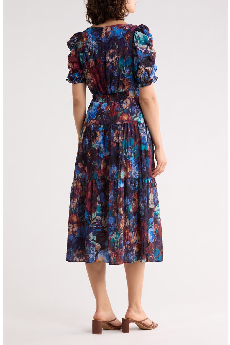 Floral Puff Sleeve Tiered Midi Dress, Alternate, color, BLUE MULTI