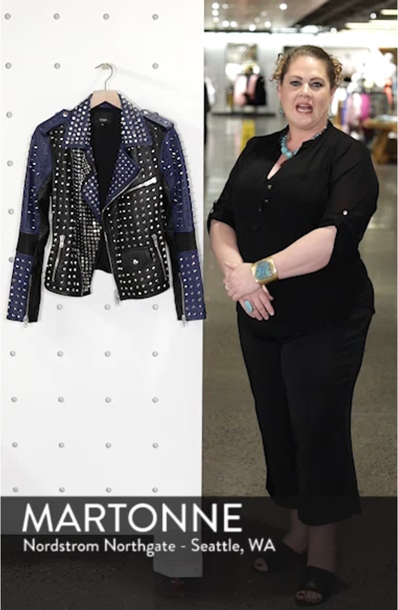 Colorblock Studded Lambskin Leather Biker Jacket, sales video thumbnail