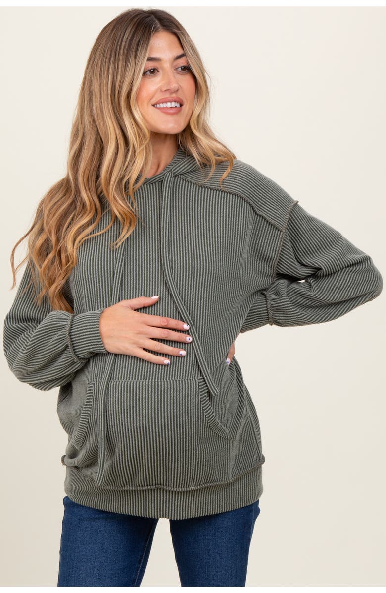 PinkBlush Ribbed Front Pocket Drawstring Hoodie, Main, color, Olive Green