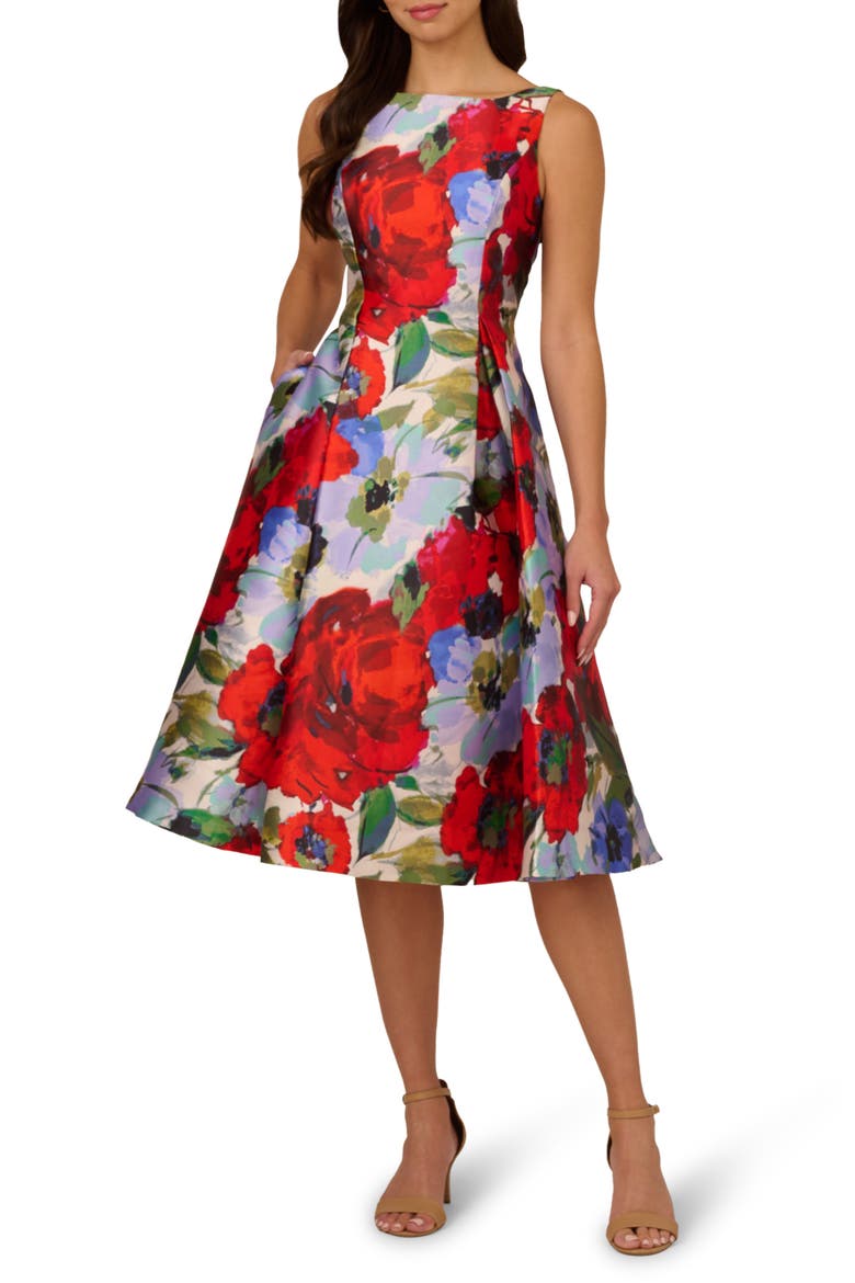 Floral Mikado Cocktail Dress, Main, color, IVORY/ RED MULTI